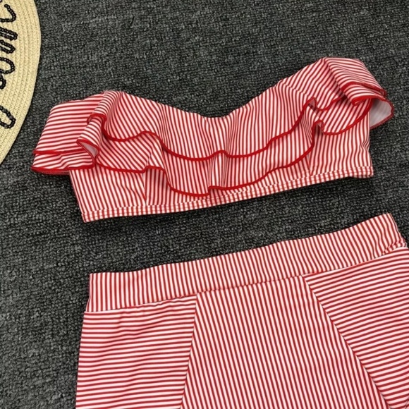 HIGH WAISTED STRIPED RUFFLE BANDEAU BIKINI Set - Picture 4 of 4